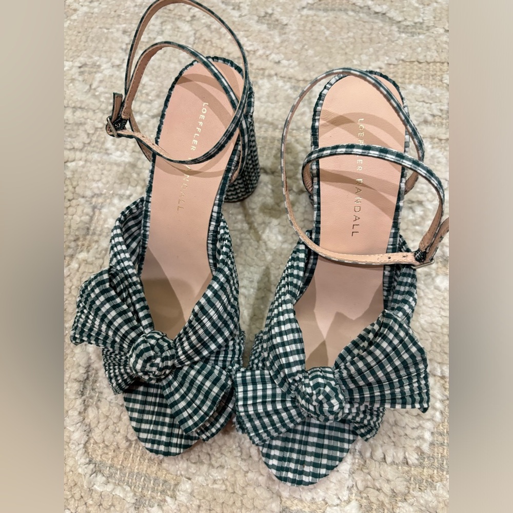 LOEFFLER RANDAL gingham camelia bow block heels